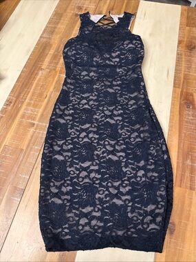 My Michelle Black Lace Midi Dress with Nude Underlay and Crisscross Neckline